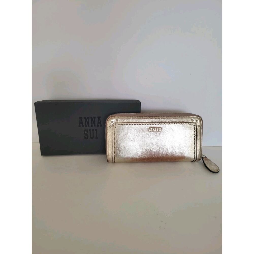 Anna Sui Wallet Clutch Metallic Gold Leather Studded Floral‎ Boho Glam Butterfly